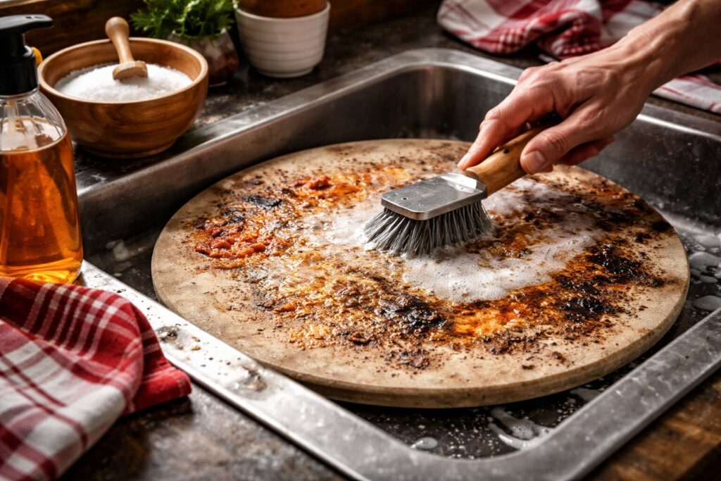 pizzasteen schoonmaken, pizzasteen