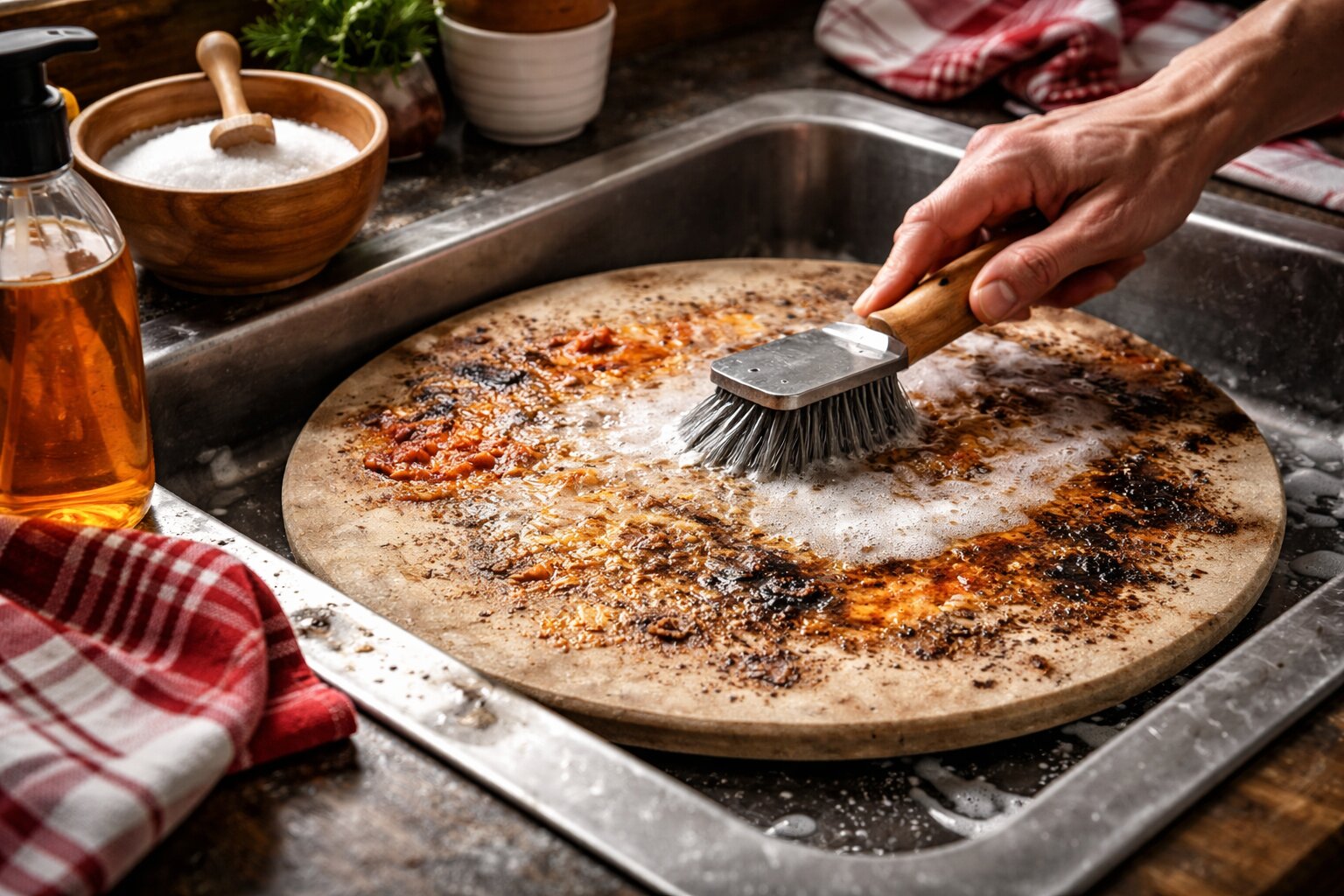 pizzasteen schoonmaken, pizzasteen