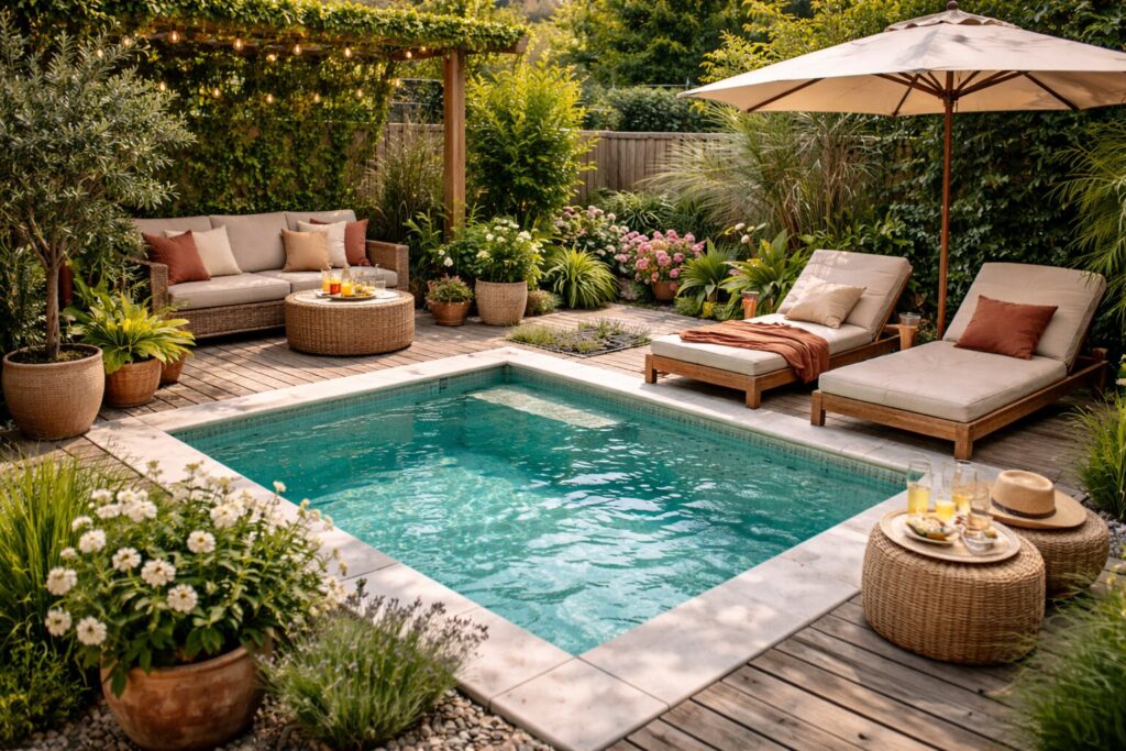 kleine tuin met zwembad, zwembad